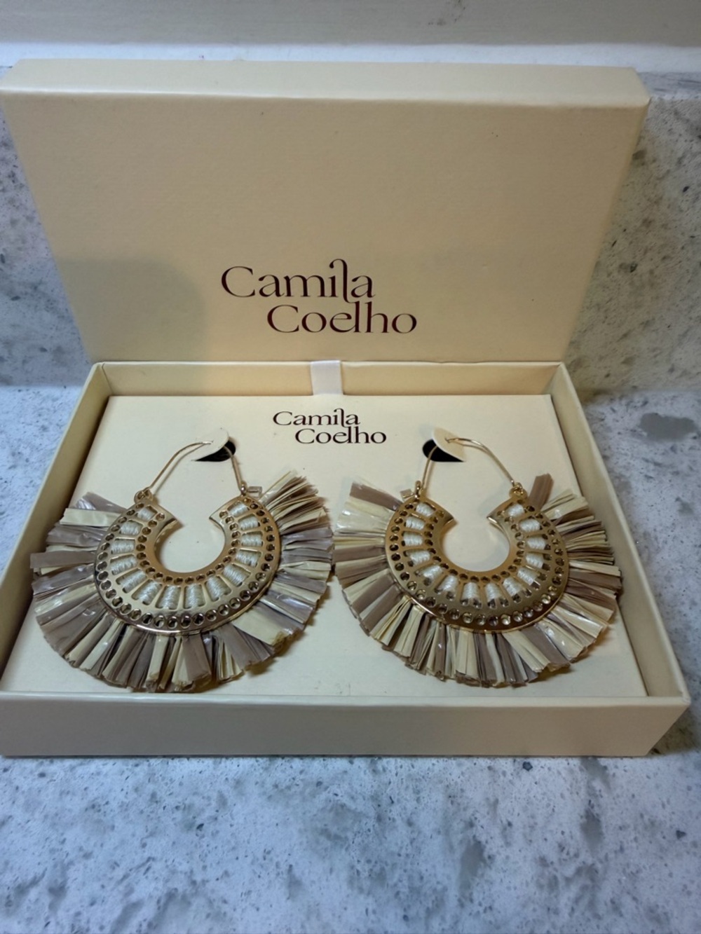 Camila Coelho Gold Hoop Earrings with Cream Fringe
